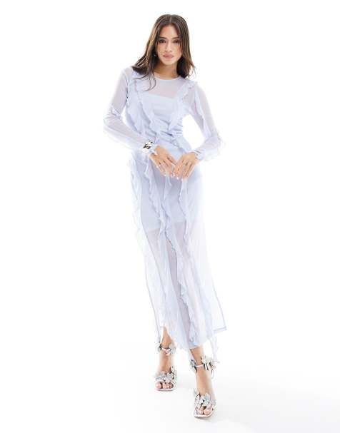 Edited - Robe longueur mollet à volants - Bleu poudré - view 1