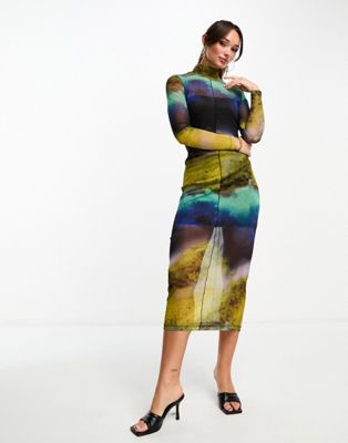 Edited long sleeve mesh midi dress in abstract print - ASOS Price Checker