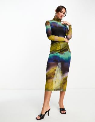 Edited long sleeve mesh midi dress in abstract print - ASOS Price Checker