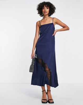 Edited soft satin midi dress with lace insert in navy - ASOS Price Checker