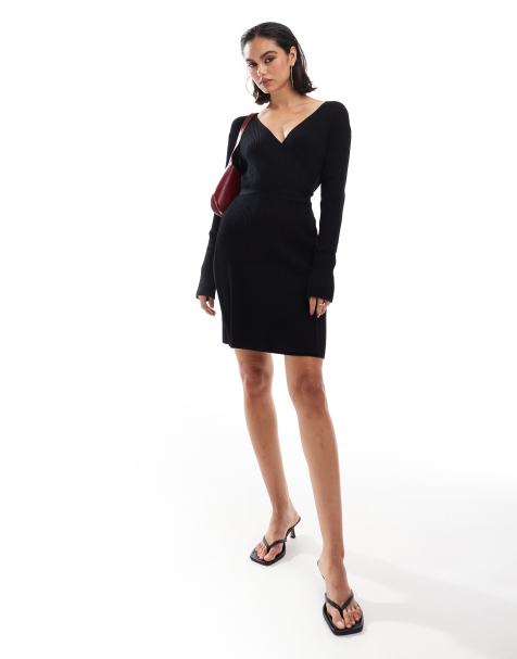 Edited - Robe portefeuille courte en maille avec lien - Noir - view 1
