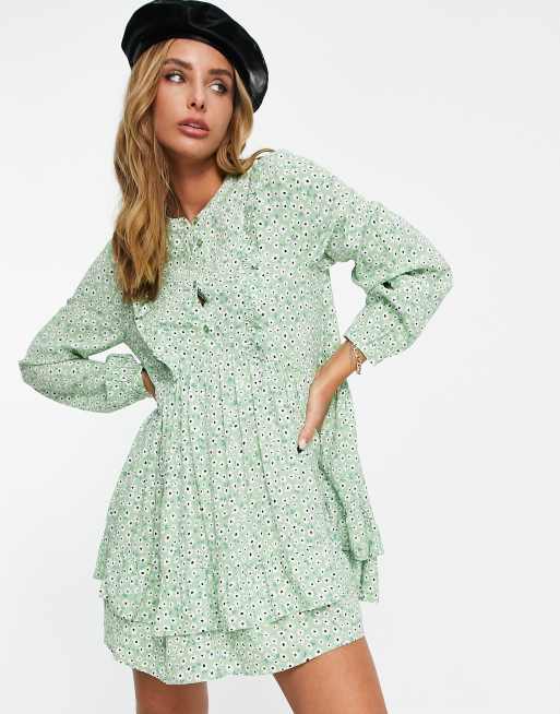Edited - Robe rétro courte à volants et à petites fleurs - Vert