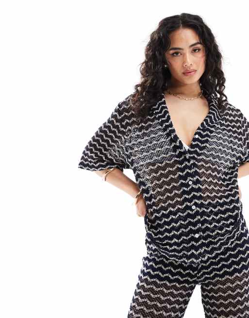 EDITED - Ruimvallend overhemd met gehaakte look en strepen in zwart en crème, deel van co-ord set