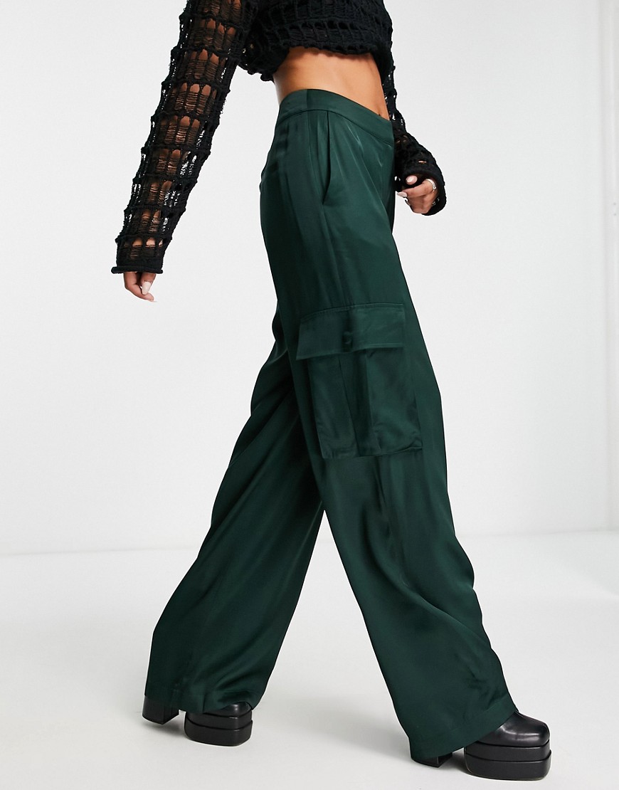 Edited satin wide leg cargo trousers in pine green