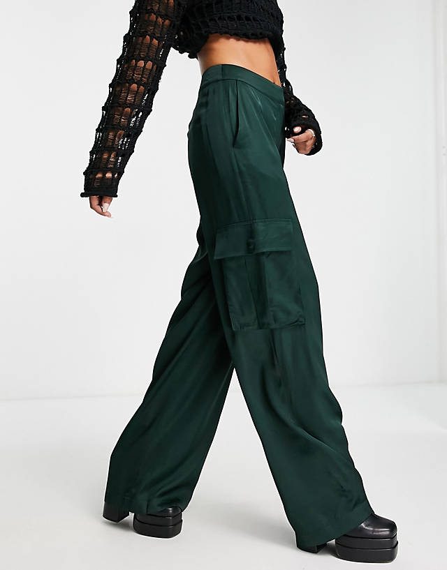 Edited - satin wide leg cargo trousers in pine green