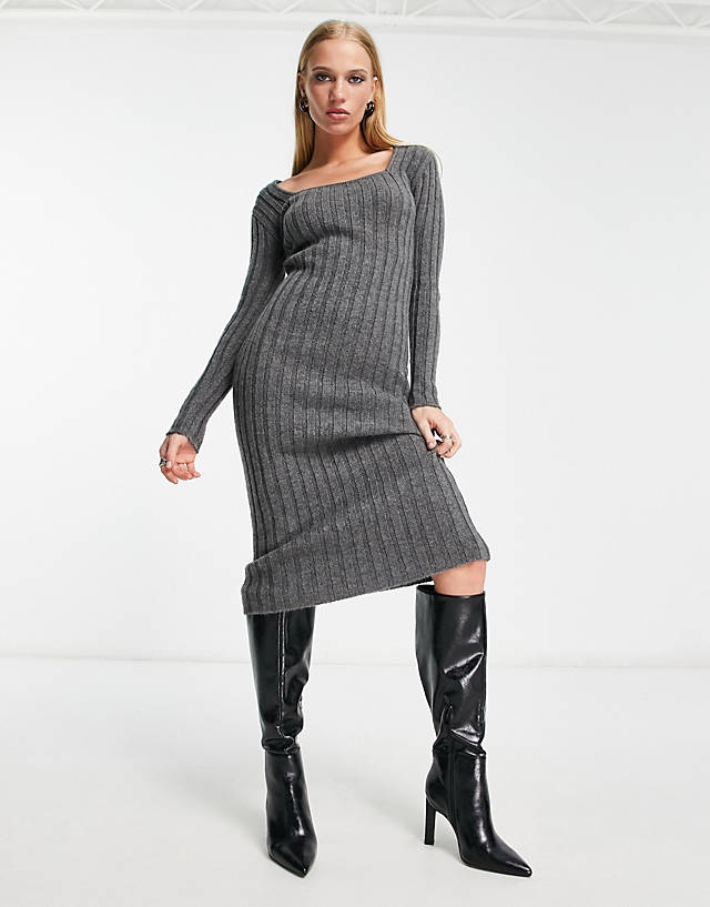 Edited - square neck fitted jumper dress in charcoal
