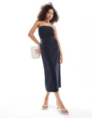 Edited Edited strapless tailored midi dress in navy pinstripe