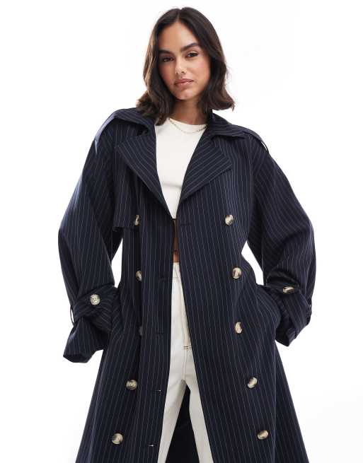 Heydari M newest Navy Pinstripe Trench Coat Deconstructed Office Art To Wear Lagenlook