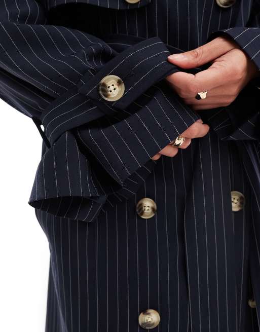 Edited tailored trench coat in navy pinstripe, 4 of 4
