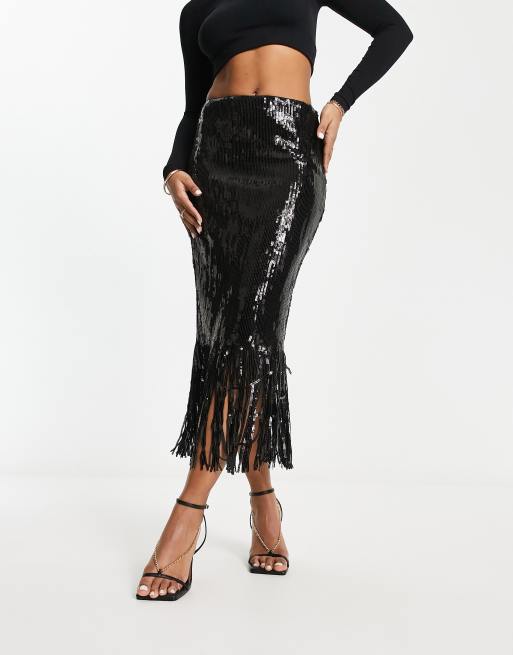 Edited tassel midi skirt in black sequin co-ord