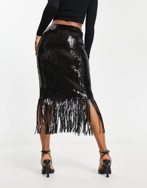 Black tassel clearance fringe midi skirt