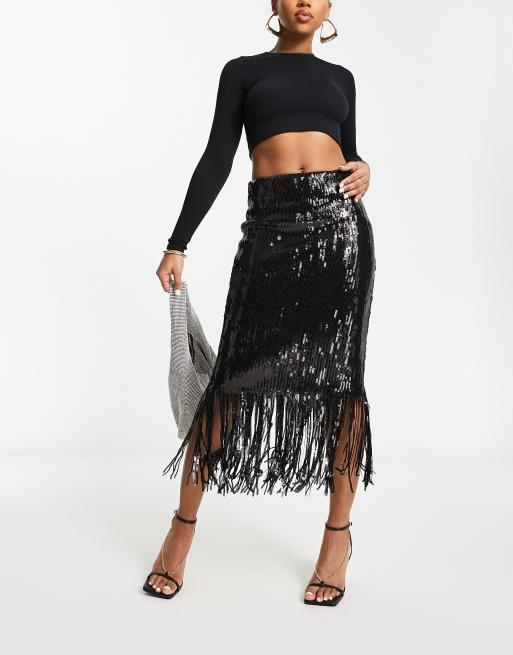 Black fringe 2025 skirt midi