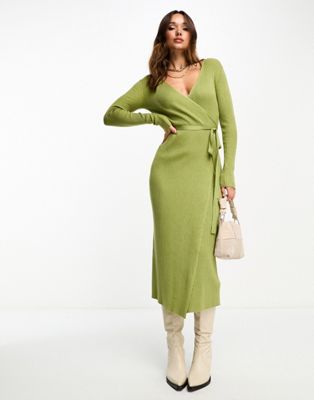 Edited tie waist knitted midi dress in olive