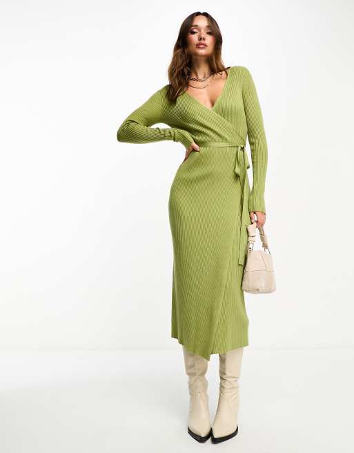 Pretty Lavish Beau wrap knit dress with tie waist in mocha