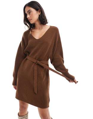 Edited Edited tie waist knitted mini dress in tobacco brown