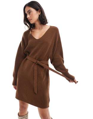 Edited tie waist knitted mini dress in tobacco brown