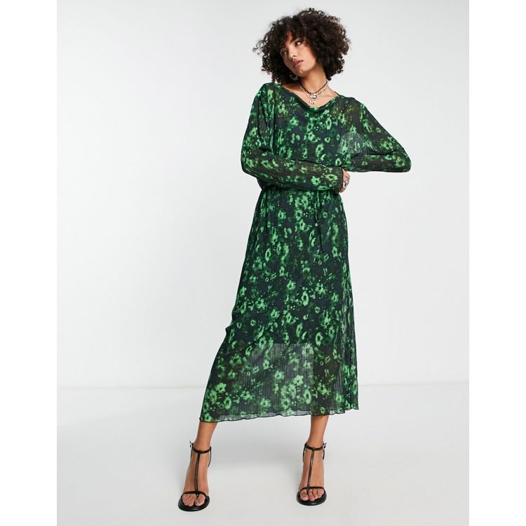 ASOS Design Floral Appliqué Fringe Midi Dress in Medium Green