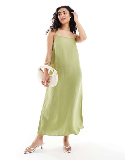 EDITED - Vestito a trapezio verde oliva al polpaccio in misto lino