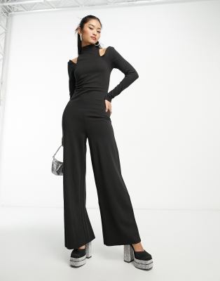 Edited wide leg jumpsuit with shoulder cut outs in black