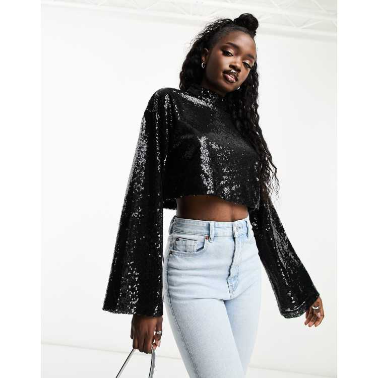 Edited wide sleeve crop top in black sequin co-ord