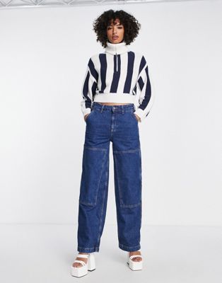 Edited wool blend half zip jumper with oversized collar in navy stripe