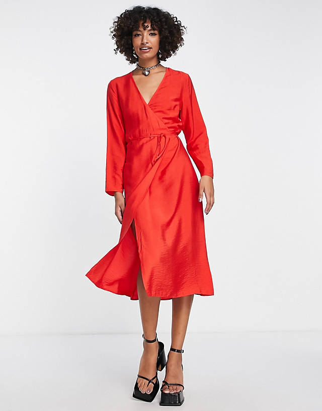 Edited - wrap front midi dress in bold red