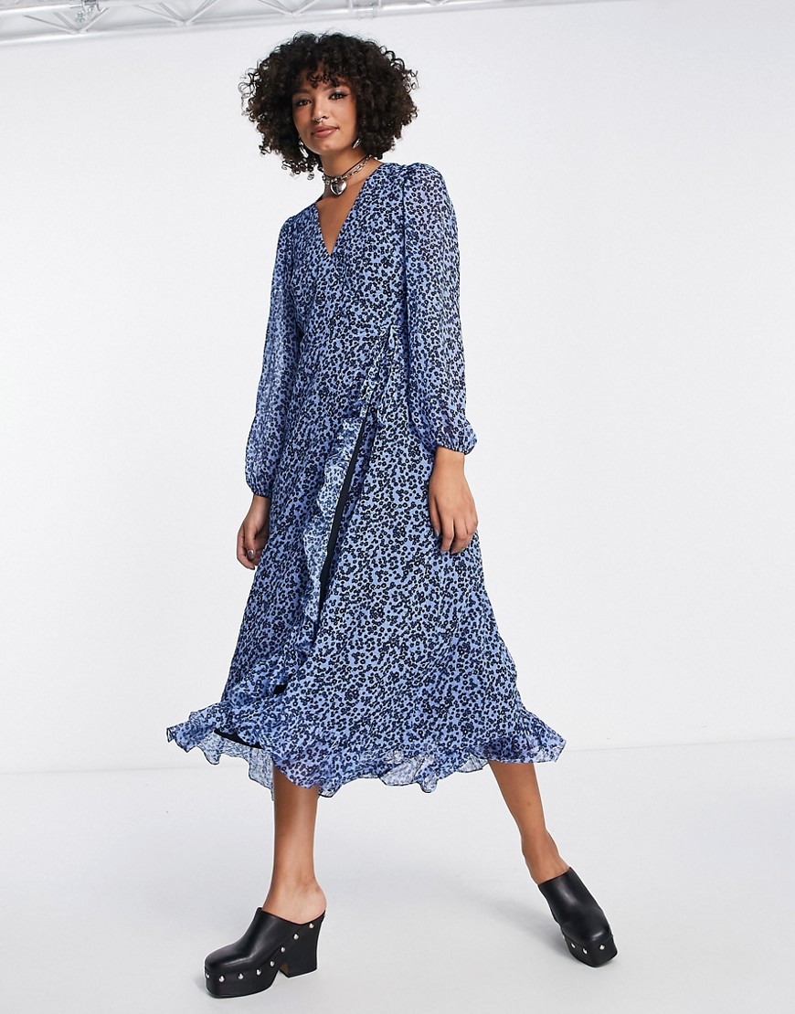 Edited wrap front midi dress with frill detail in blue ditsy floral