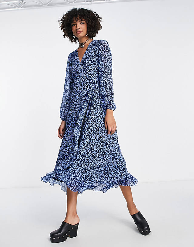 Edited - wrap front midi dress with frill detail in blue ditsy floral