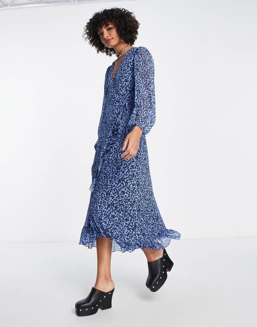 Edited wrap front midi dress with frill detail in blue ditsy floral