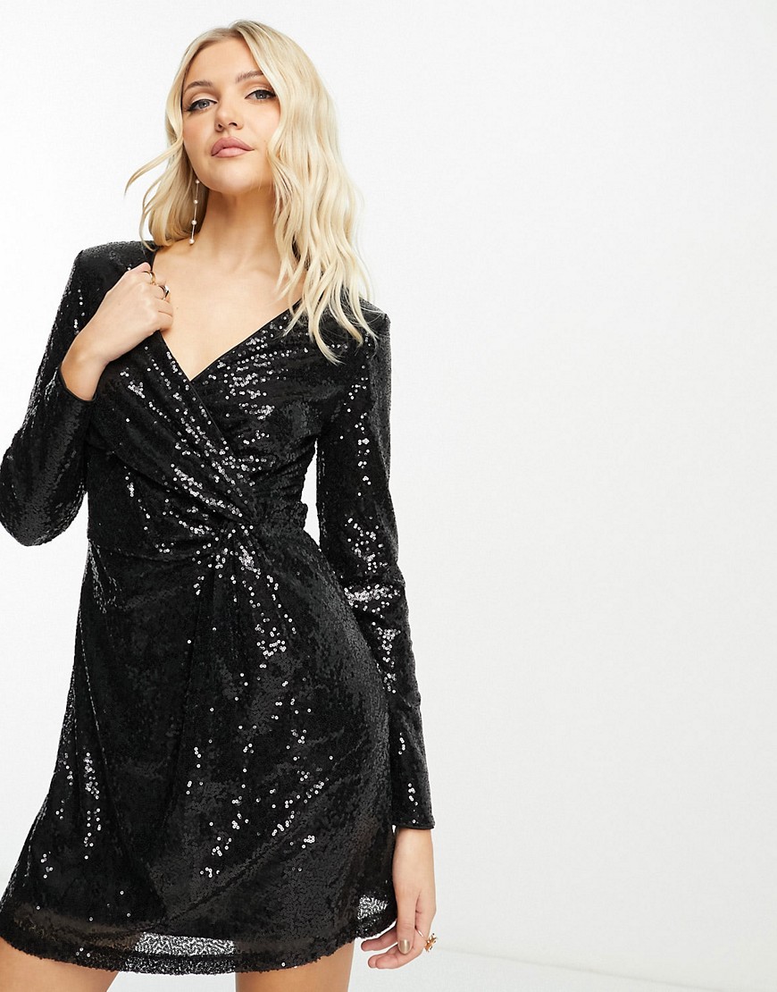 Edited wrap front mini dress in black sequin