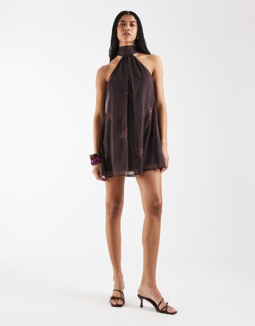 Édition Limitée - Reclaimed Vintage - Robe courte dos nu avec perles brodées - Marron chocolat, 2 de 4