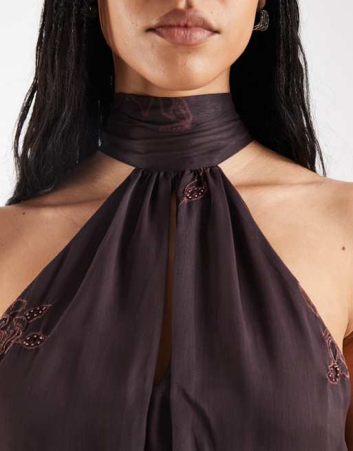 Édition Limitée - Reclaimed Vintage - Robe courte dos nu avec perles brodées - Marron chocolat, 3 de 4