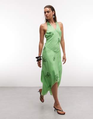 Édition Limitée - - Robe mi-longue dos nu avec foulard et broderies - Vert 42