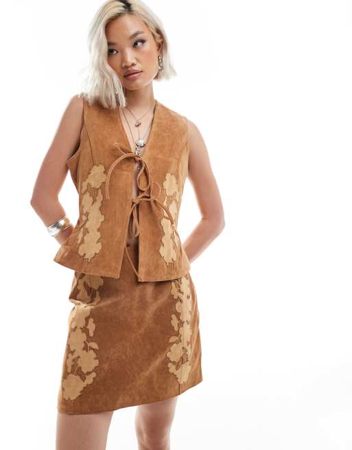 Édition limitée - Reclaimed Vintage - Veston style western en daim avec liens noués à l'avant