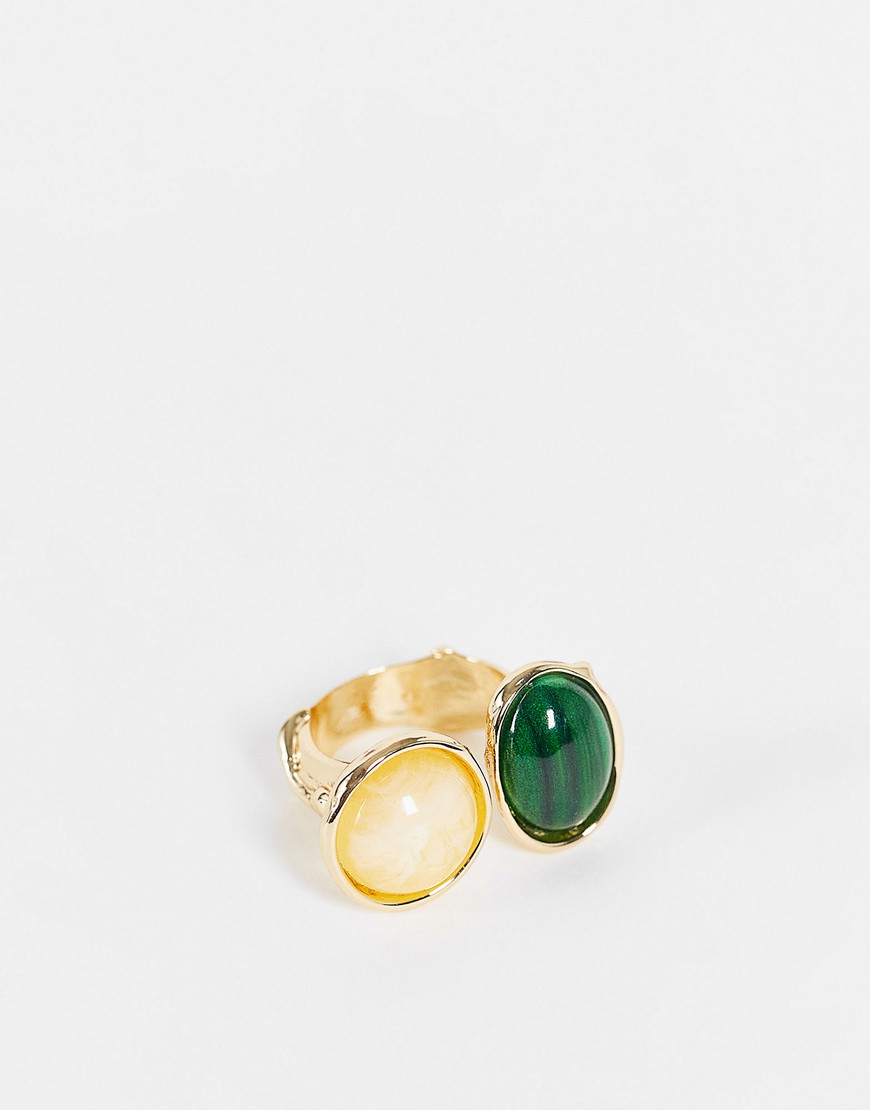 фото Эффектное золотистое кольцо с двумя камнями приглушенных тонов glamorous-золотистый
