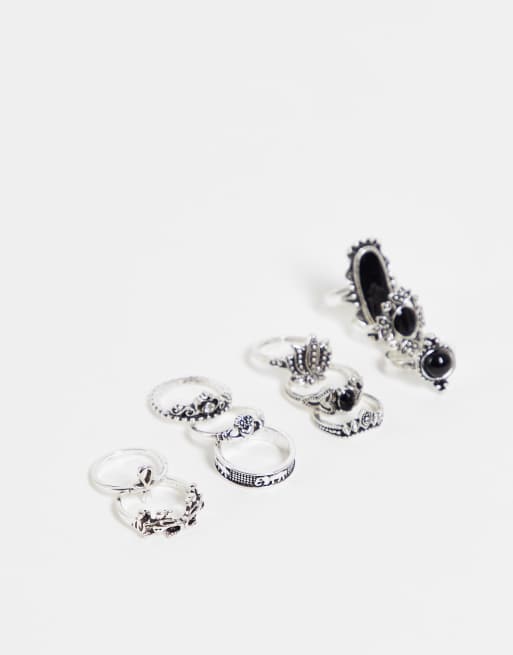Ego – 11-pack silverfärgade ringar med svarta stenar