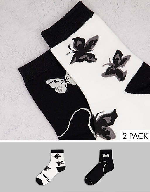 Ego 2 x multipack butterfly socks in black and white