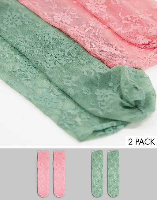Ego 2 x multipack sheer lace ruffle hem socks in green and pink