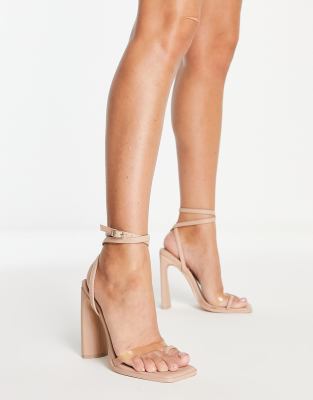 Ego All In It heel sandals with toe loop and clear strap in beige