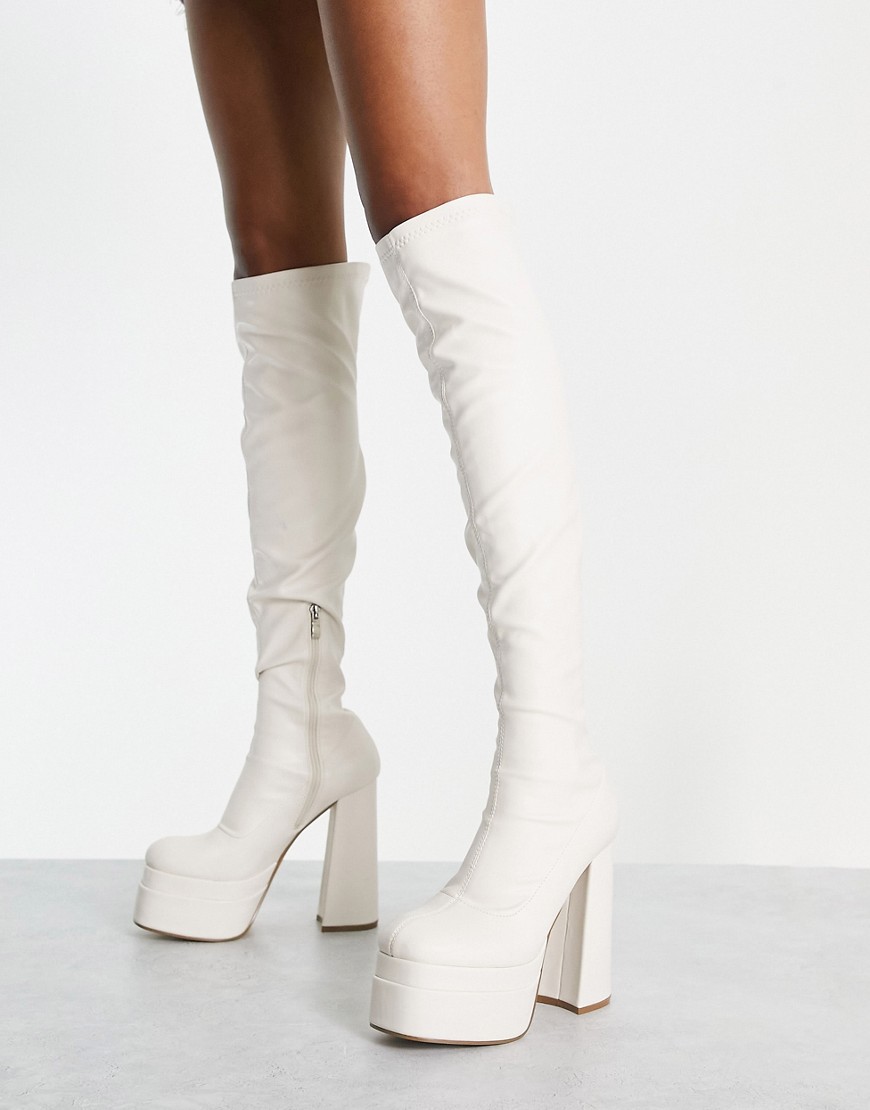 Ego Best Nights platform over the knee boots in cream PU-White