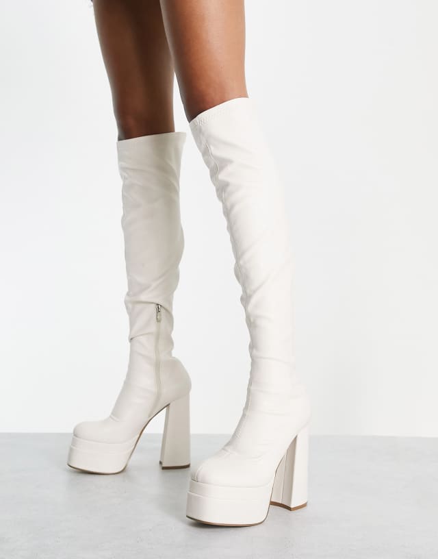 Ego Best Nights platform over the knee boots in cream PU