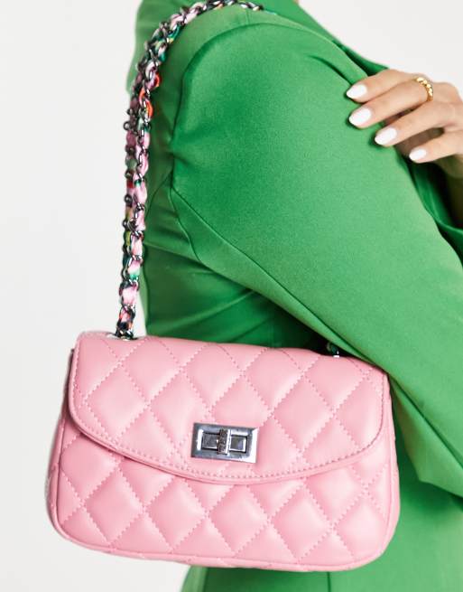 Ego - Borsetta trapuntata rosa con tracolla a catena con foulard intrecciato