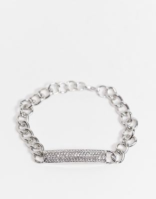 Ego Brede Schakelarmband Met Diamanten Id Tag In Zilver Asos