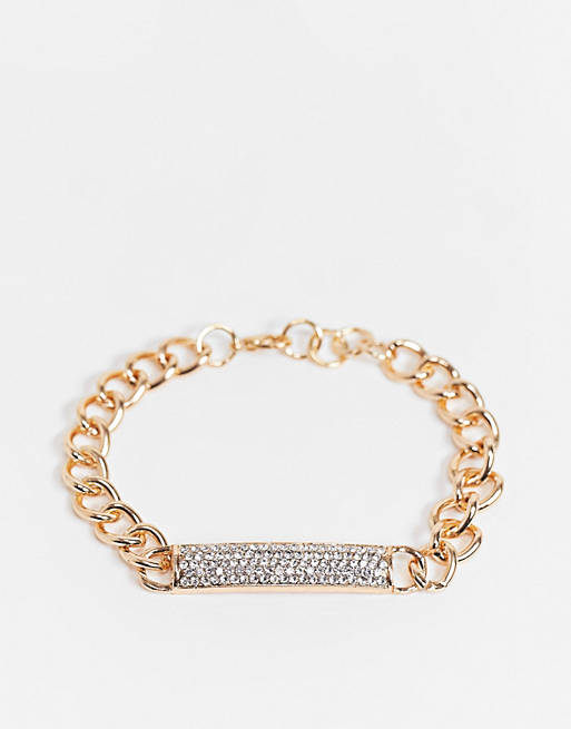 Ego chunky chain bracelet with diamante ID tag in gold