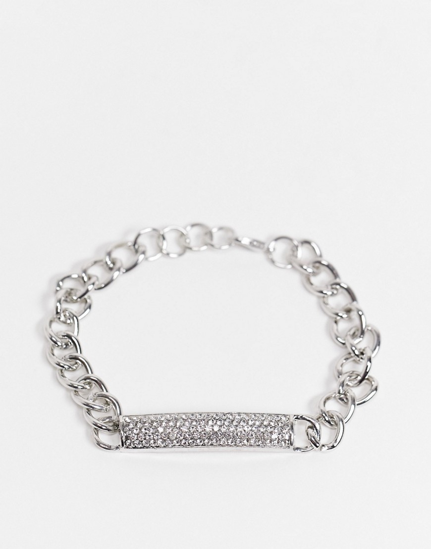 Ego chunky chain bracelet with diamante ID tag in silver
