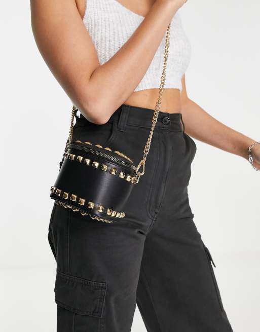 Ego cross-body mini bag in black with gold studs