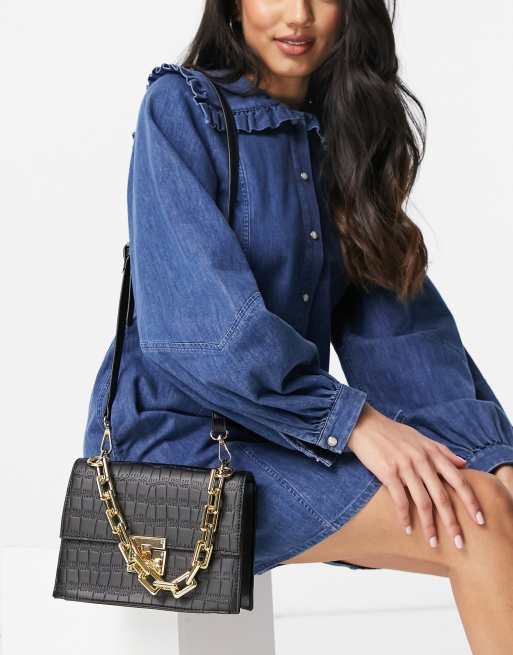 Ego - Crossbody tas met dikke ketting in zwart met krokodillenmotief
