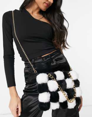 Ego - Crossbody tas met grof kettinghengsel in zwart/wit imitatiebont