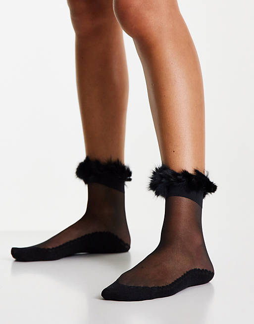 Ego faux fur ankle sheer socks in black