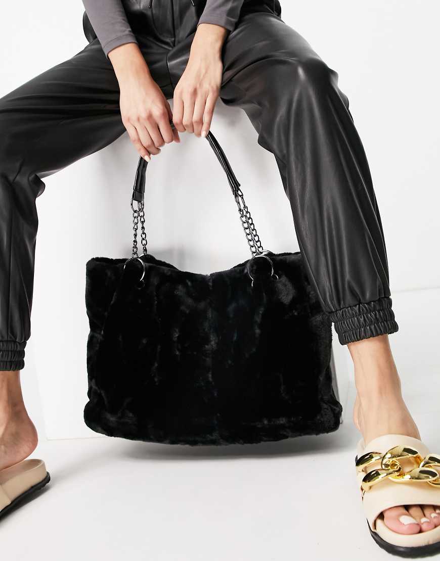 Ego faux fur tote bag in black